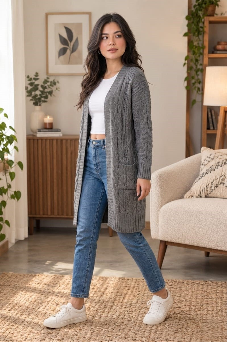 Women's Oversize Baggy Chunky Cable Knitted Pocket Long Cape Cardigan