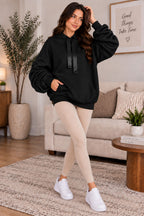 Women’s Ruched Sleeve Oversized Ladies Ribbon Hoodie Jumper Top