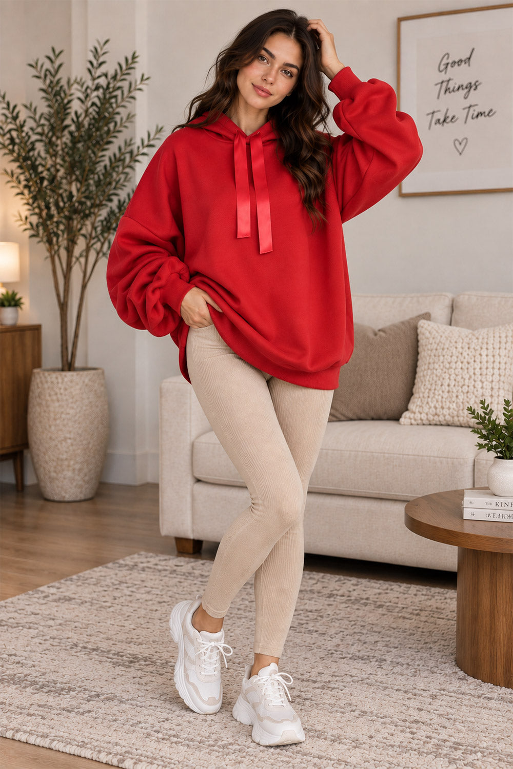 Women’s Ruched Sleeve Oversized Ladies Ribbon Hoodie Jumper Top
