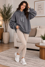 Women’s Ruched Sleeve Oversized Ladies Ribbon Hoodie Jumper Top
