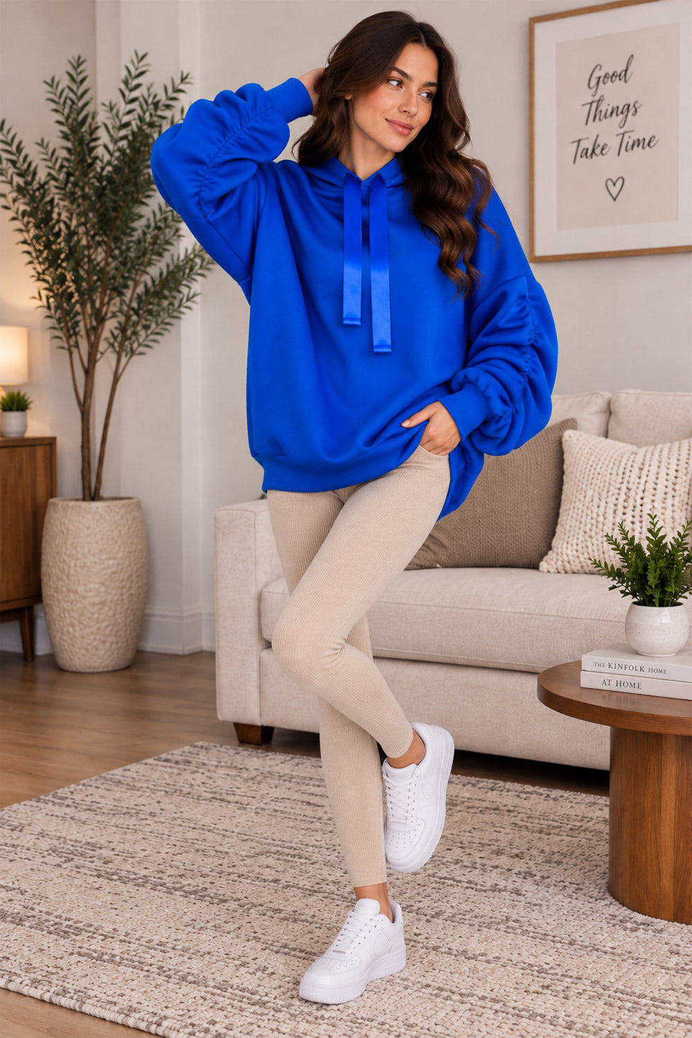 Women’s Ruched Sleeve Oversized Ladies Ribbon Hoodie Jumper Top