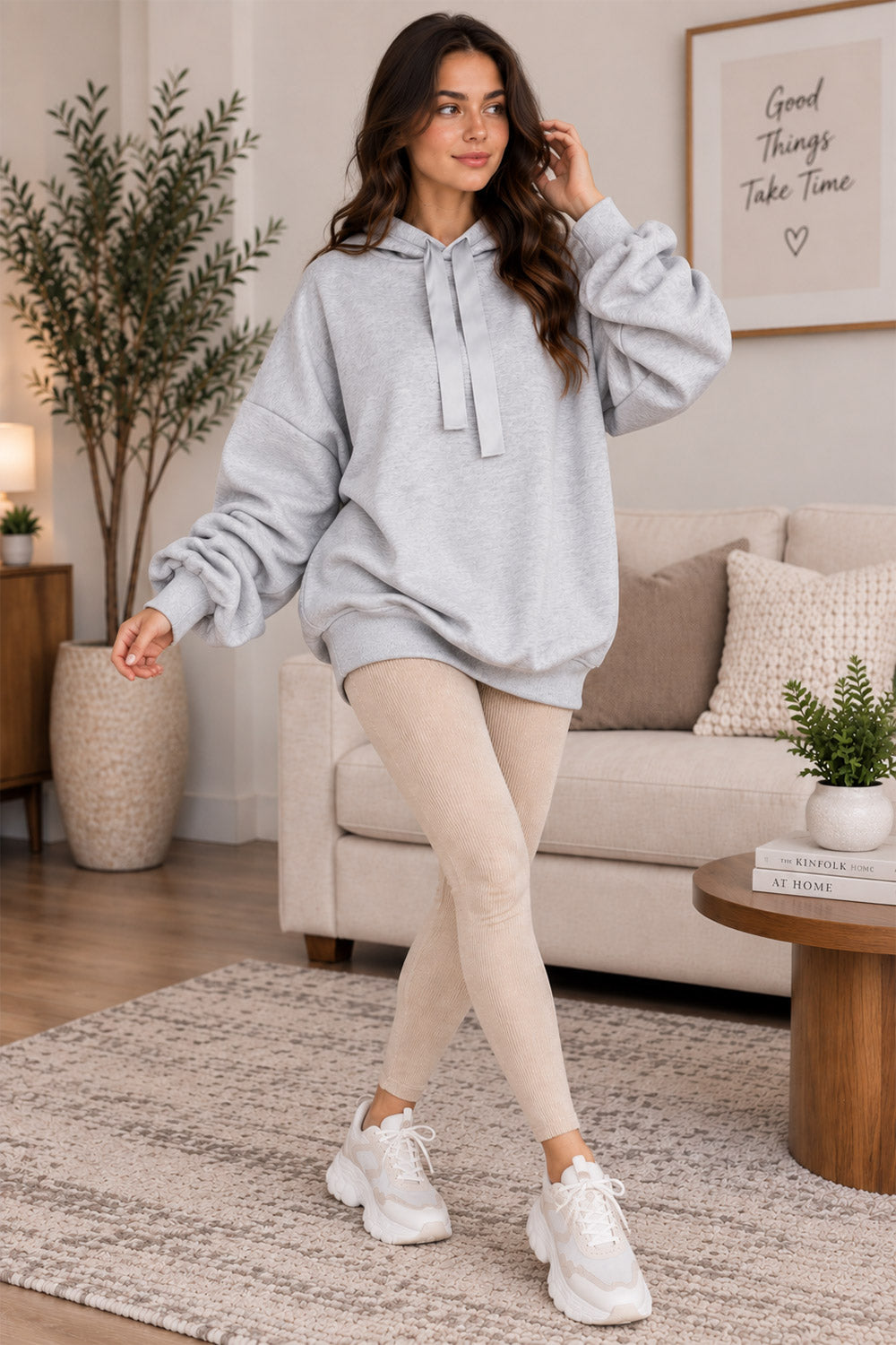 Women’s Ruched Sleeve Oversized Ladies Ribbon Hoodie Jumper Top
