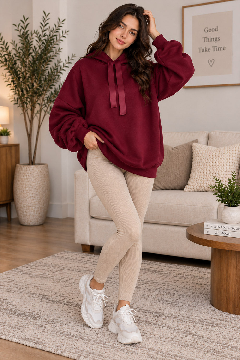 Women’s Ruched Sleeve Oversized Ladies Ribbon Hoodie Jumper Top