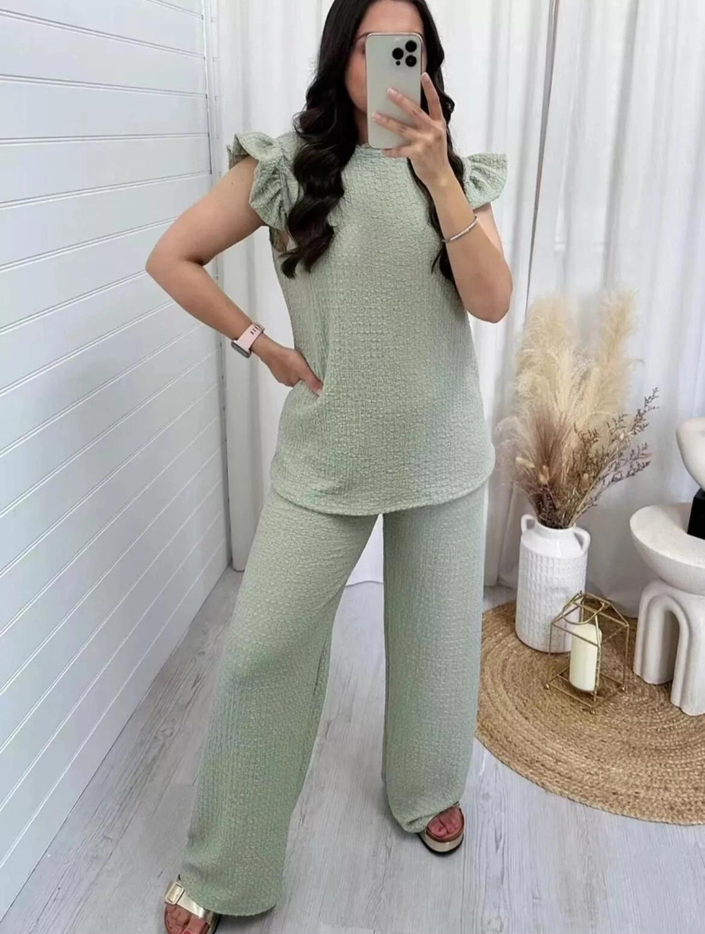 Women's Super Soft Pop Corn Material Frill Short Sleeve Top Trousers 2Pcs Co-Ord Loungewear Set