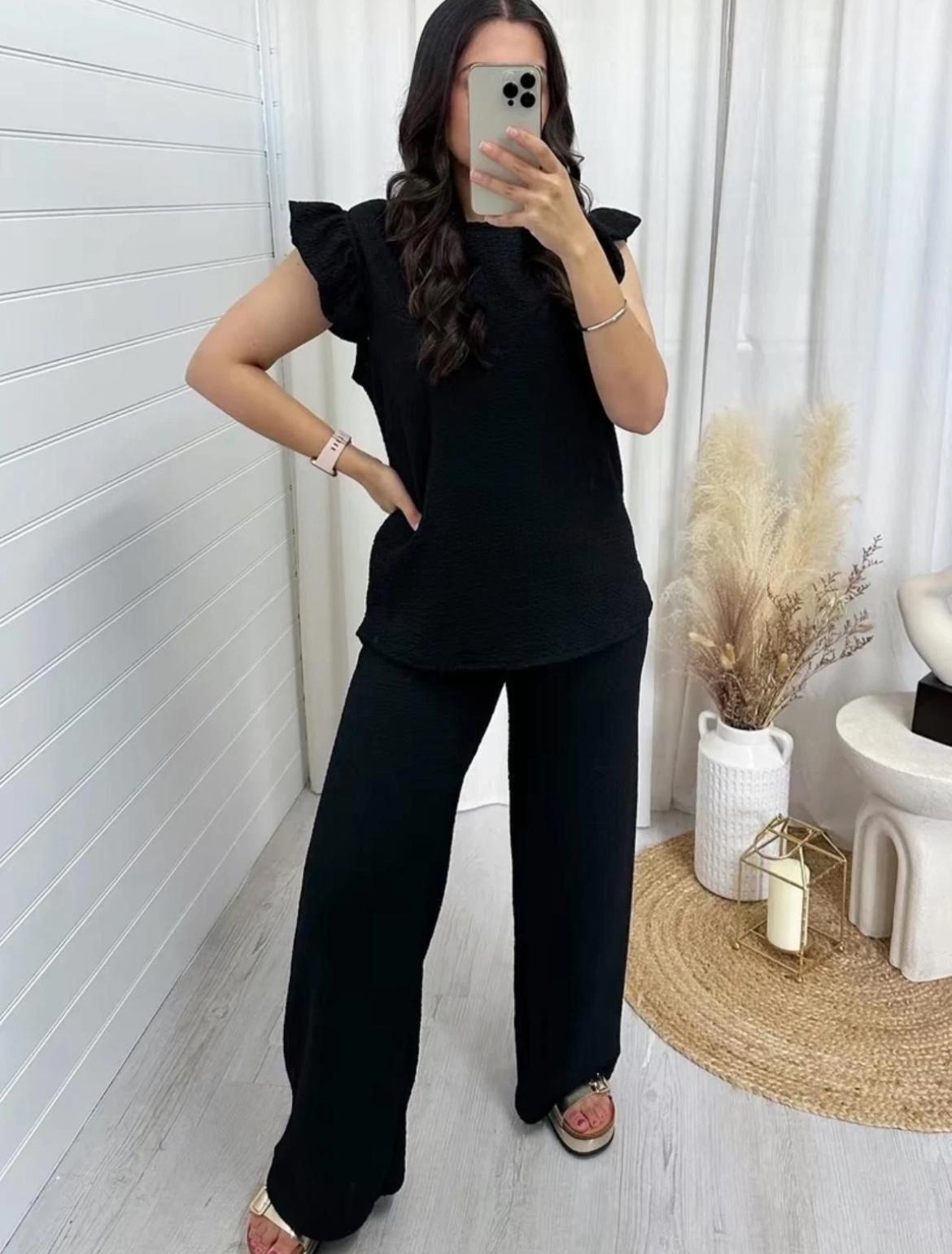 Women's Super Soft Pop Corn Material Frill Short Sleeve Top Trousers 2Pcs Co-Ord Loungewear Set