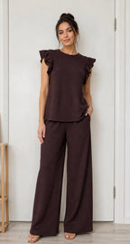 Women's Super Soft Pop Corn Material Frill Short Sleeve Top Trousers 2Pcs Co-Ord Loungewear Set