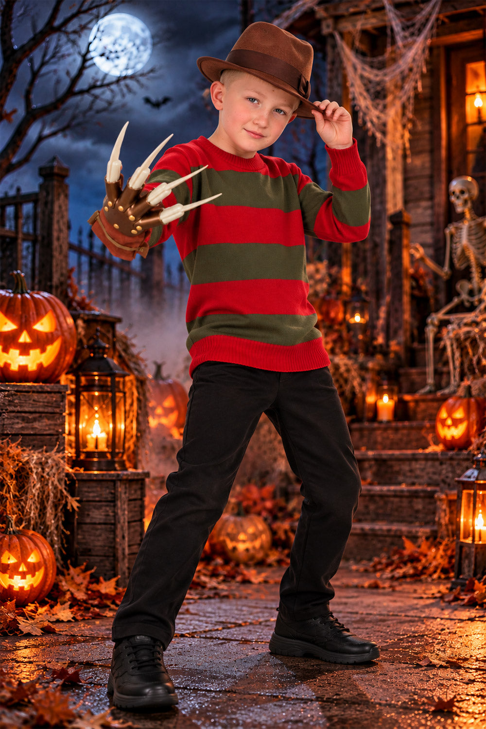 Nightmare Demon 3pcs Kids Red and Green Knitted Jumper Hat and Claw Glove