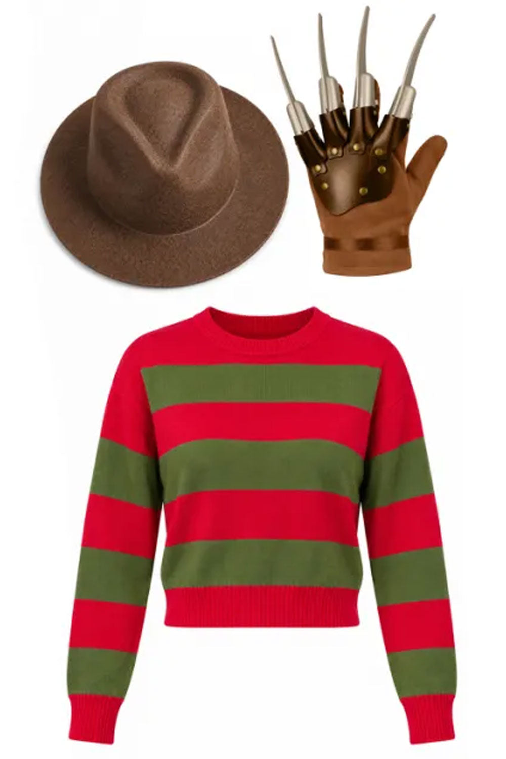 Nightmare Demon 3pcs Women Red and Green Knitted Crop Top Jumper Hat and Claw Glove