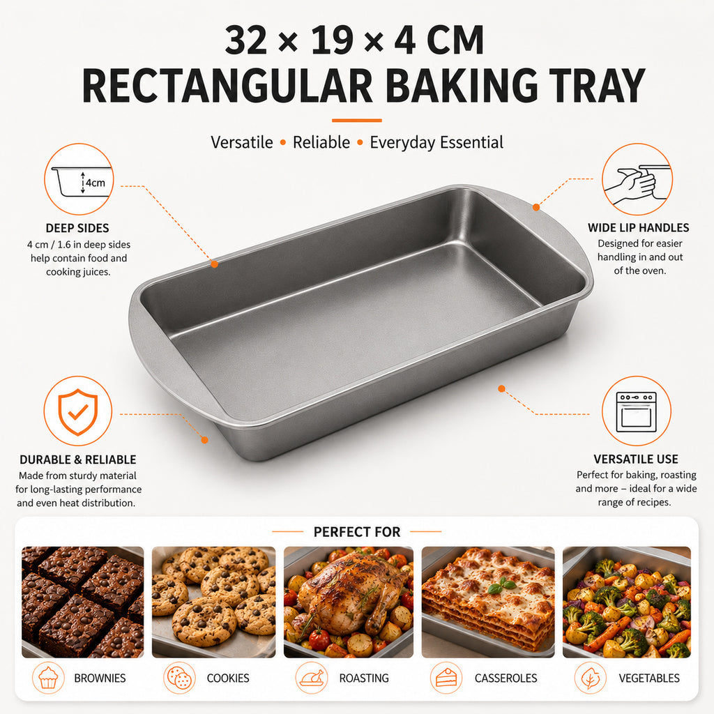 Rectangular Baking Tray 32 x 19 x 4cm Deep Oven Baking Pan, Metal Roasting Tray for Cakes, Brownies, Lasagne and Everyday Cooking