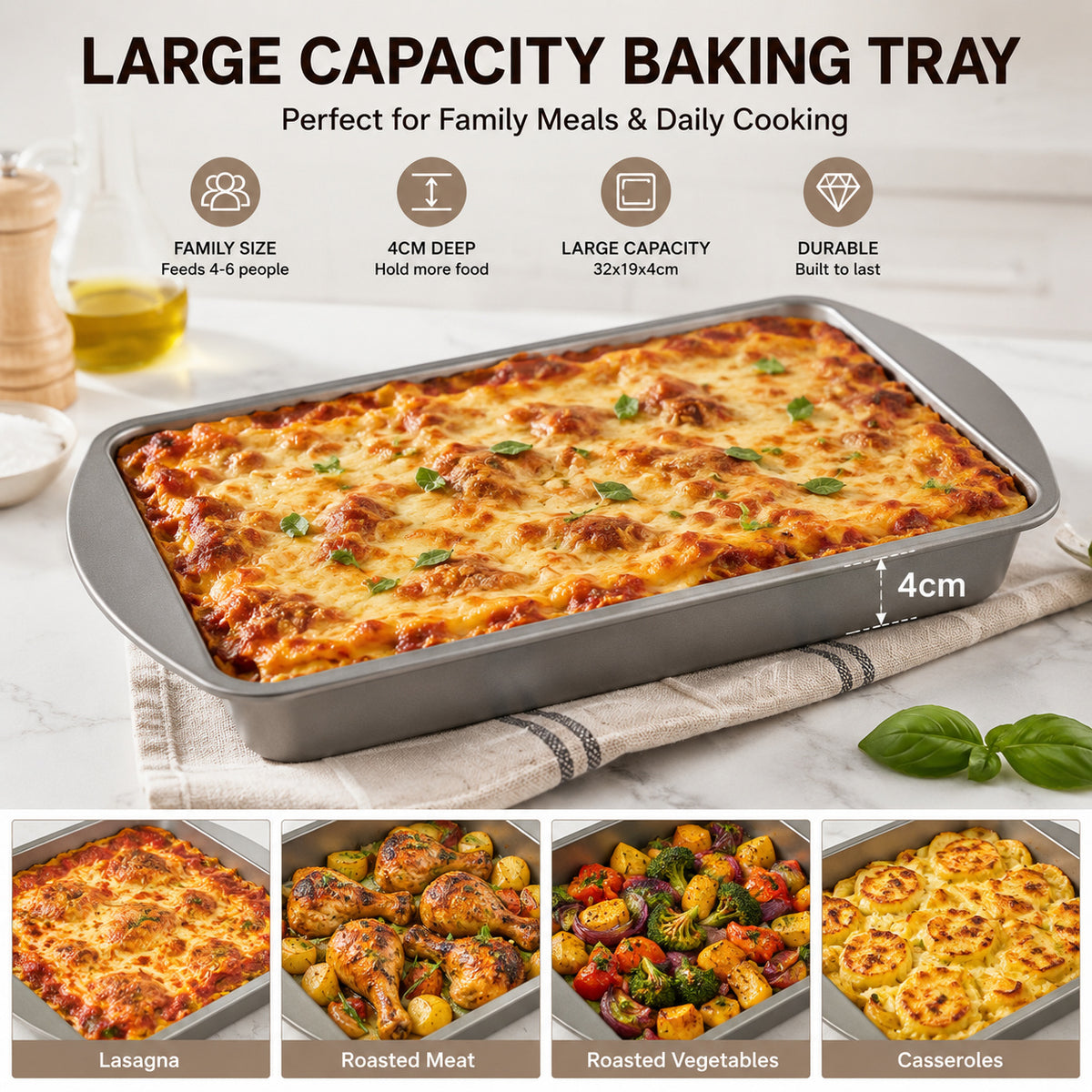 Rectangular Baking Tray 32 x 19 x 4cm Deep Oven Baking Pan, Metal Roasting Tray for Cakes, Brownies, Lasagne and Everyday Cooking