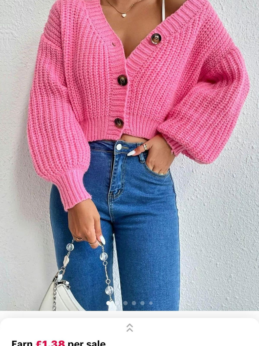 Chunky Knit Cardigan Balloon Sleeve Cropped 3 Button Jumper Soft Cozy Top