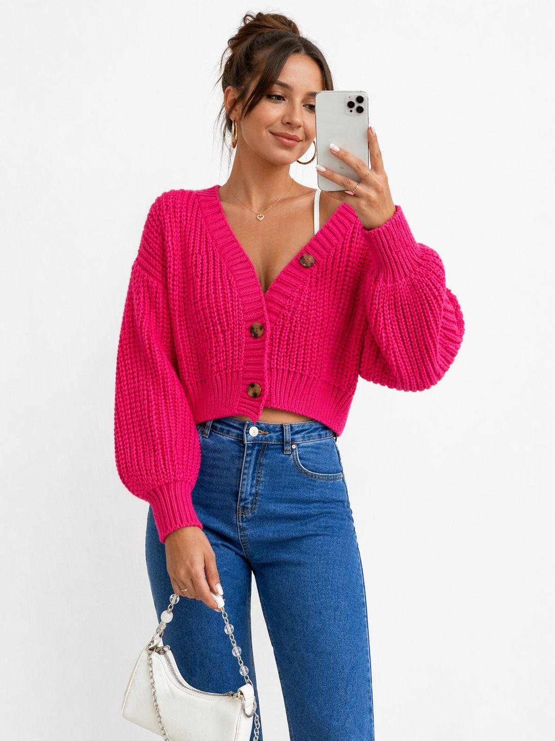 Chunky Knit Cardigan Balloon Sleeve Cropped 3 Button Jumper Soft Cozy Top