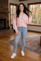 Chunky Knit Cardigan Balloon Sleeve Cropped 3 Button Jumper Soft Cozy Top