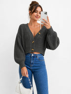 Chunky Knit Cardigan Balloon Sleeve Cropped 3 Button Jumper Soft Cozy Top
