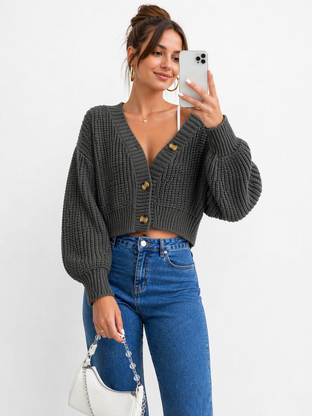 Chunky Knit Cardigan Balloon Sleeve Cropped 3 Button Jumper Soft Cozy Top