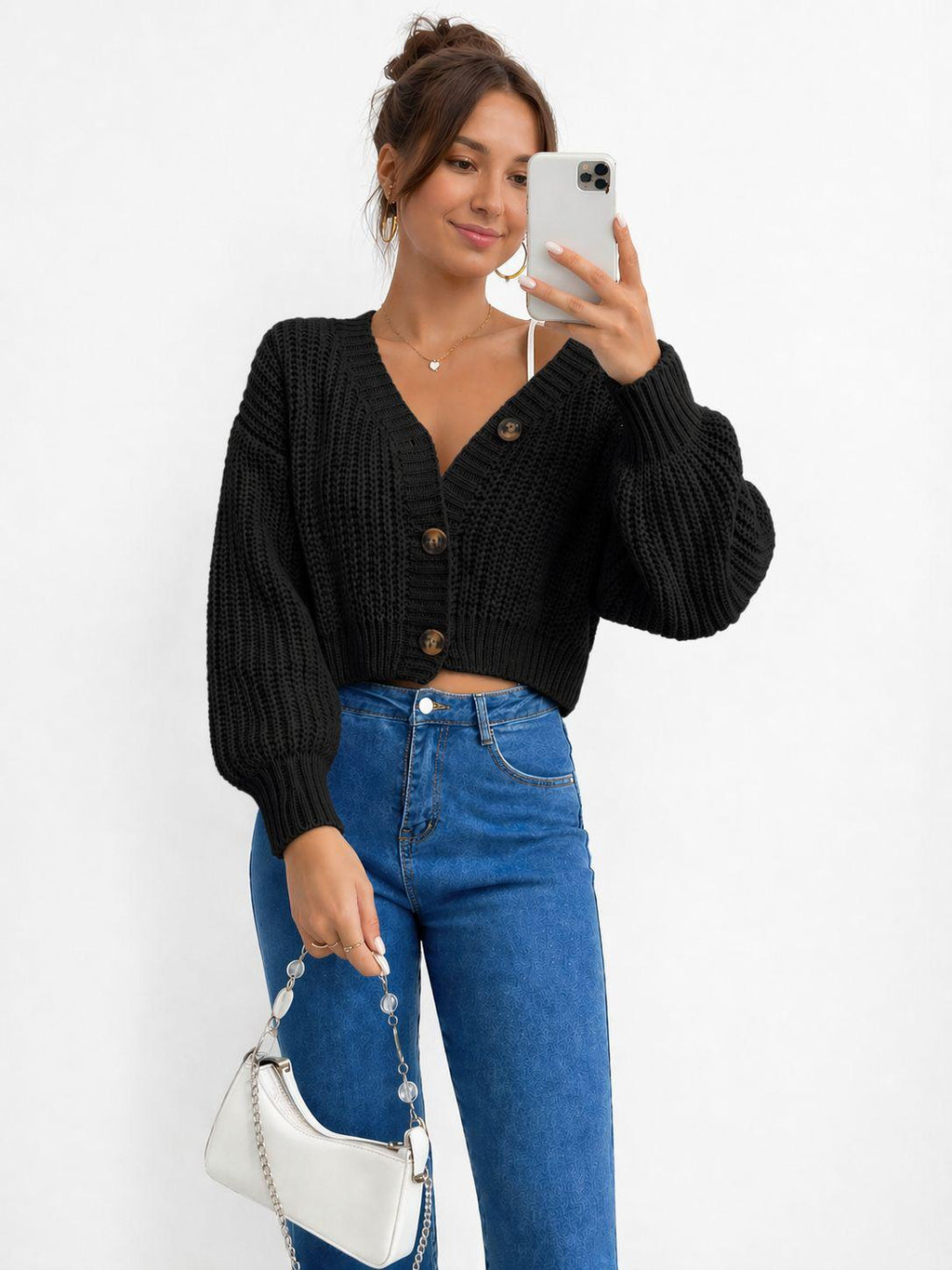 Chunky Knit Cardigan Balloon Sleeve Cropped 3 Button Jumper Soft Cozy Top