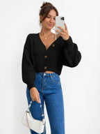 Chunky Knit Cardigan Balloon Sleeve Cropped 3 Button Jumper Soft Cozy Top