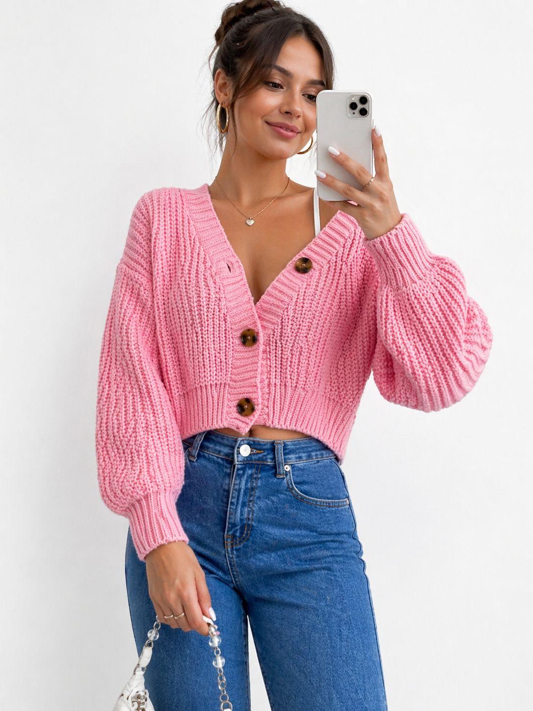 Chunky Knit Cardigan Balloon Sleeve Cropped 3 Button Jumper Soft Cozy Top