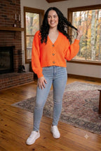 Chunky Knit Cardigan Balloon Sleeve Cropped 3 Button Jumper Soft Cozy Top
