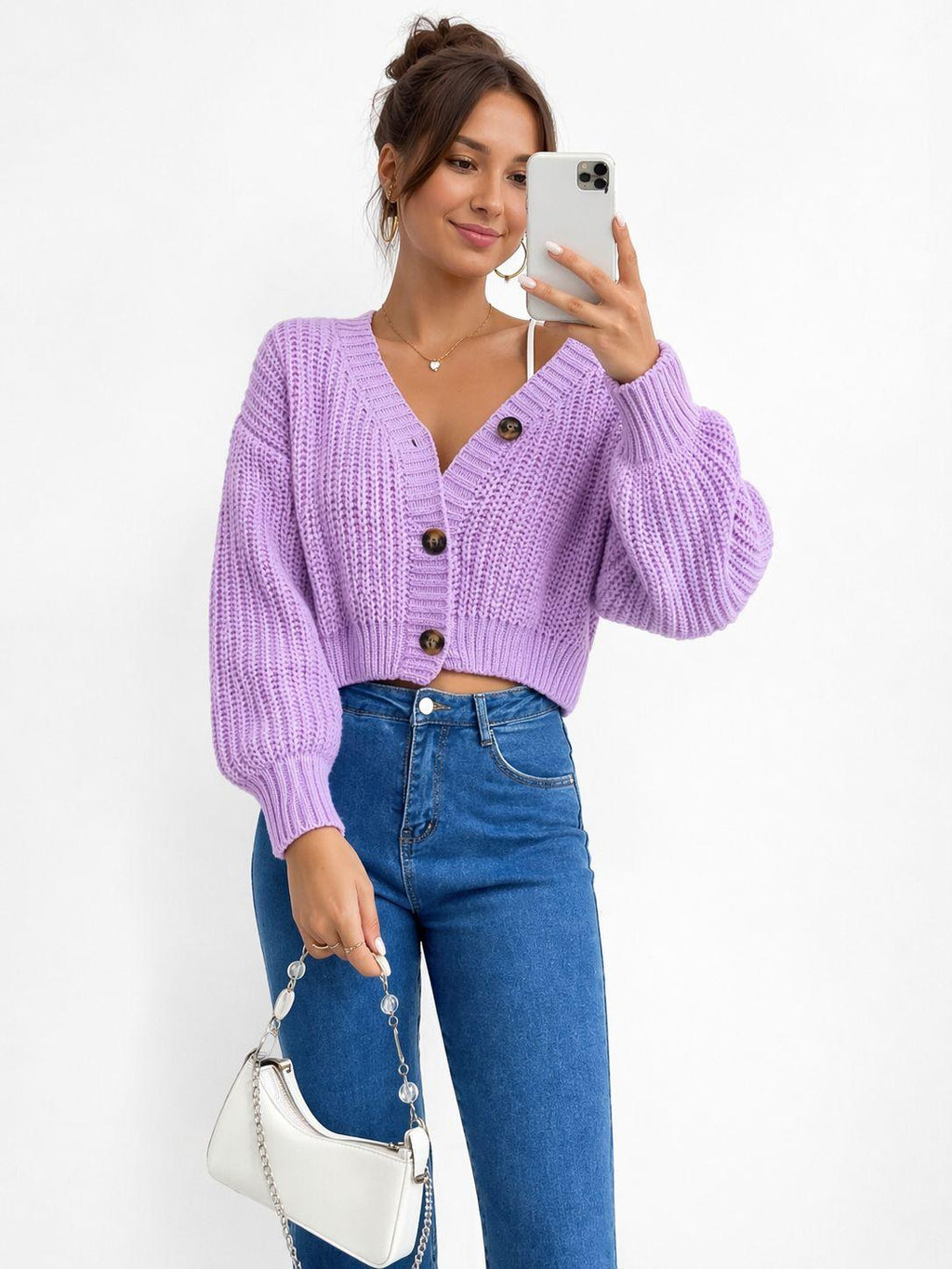 Chunky Knit Cardigan Balloon Sleeve Cropped 3 Button Jumper Soft Cozy Top