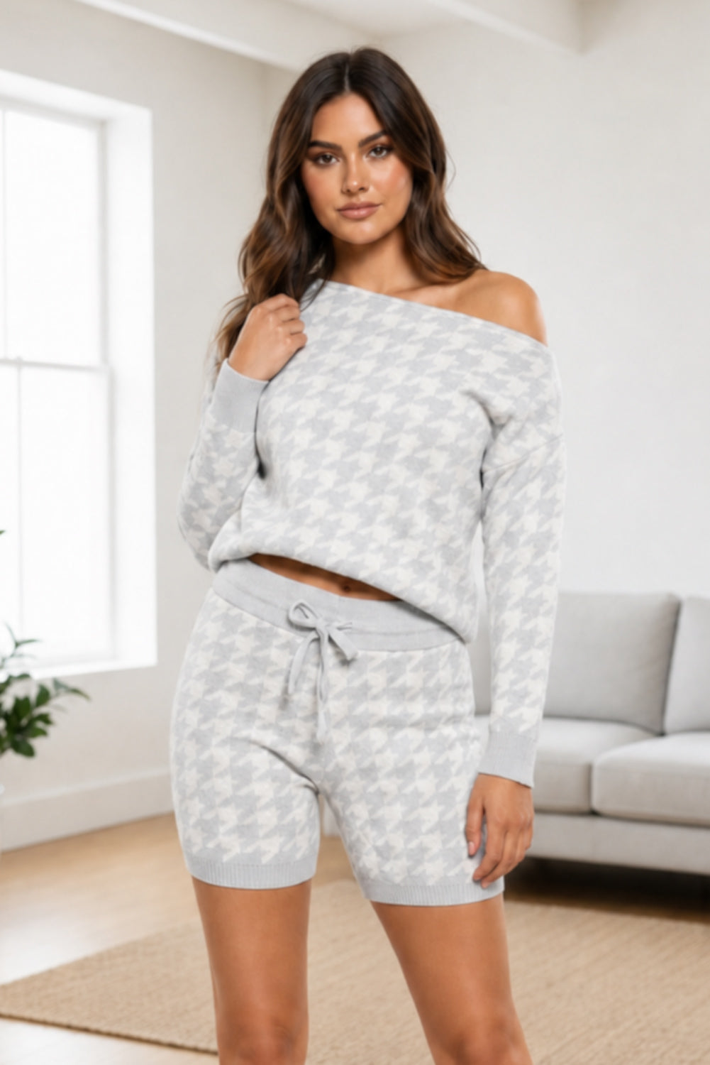 Dogtooth Slash Neck Loungewear Short Set