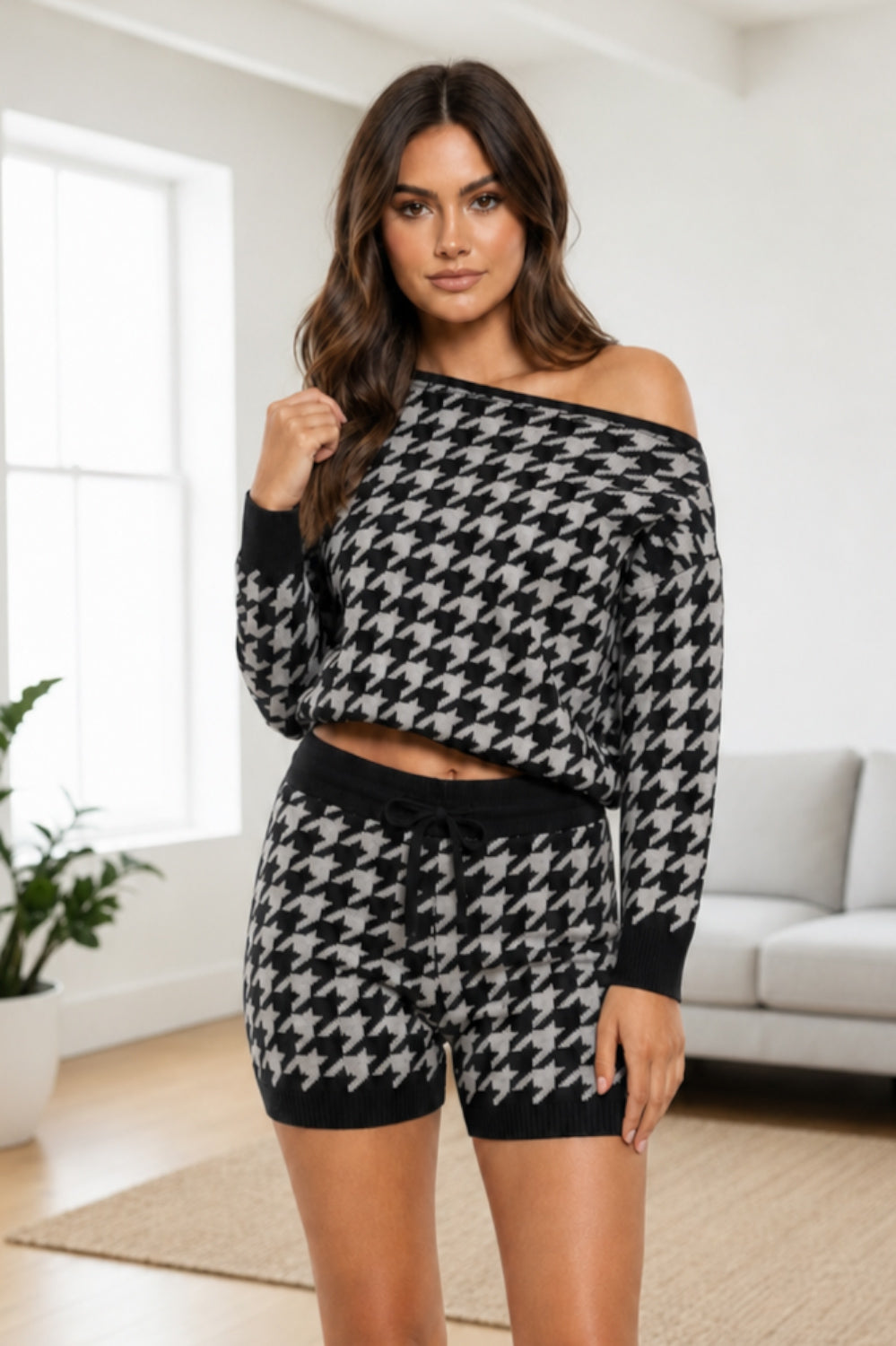 Dogtooth Slash Neck Loungewear Short Set