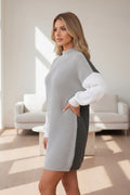 Grey Colour Block Rib Knitted High Neck Jumper Dress