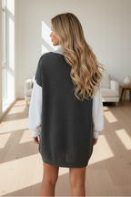 Grey Colour Block Rib Knitted High Neck Jumper Dress