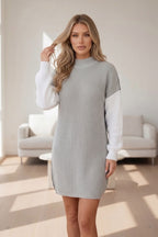 Grey Colour Block Rib Knitted High Neck Jumper Dress