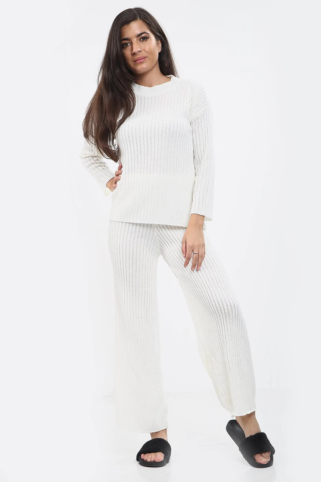Womens Ladies Knitted Ribbed Round Neck 2 Pcs Loungewear Tracksuit Set
