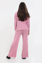 Womens Ladies Knitted Ribbed Round Neck 2 Pcs Loungewear Tracksuit Set