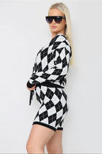 Monochrome Check Cropped Knitted Cardigan with Short