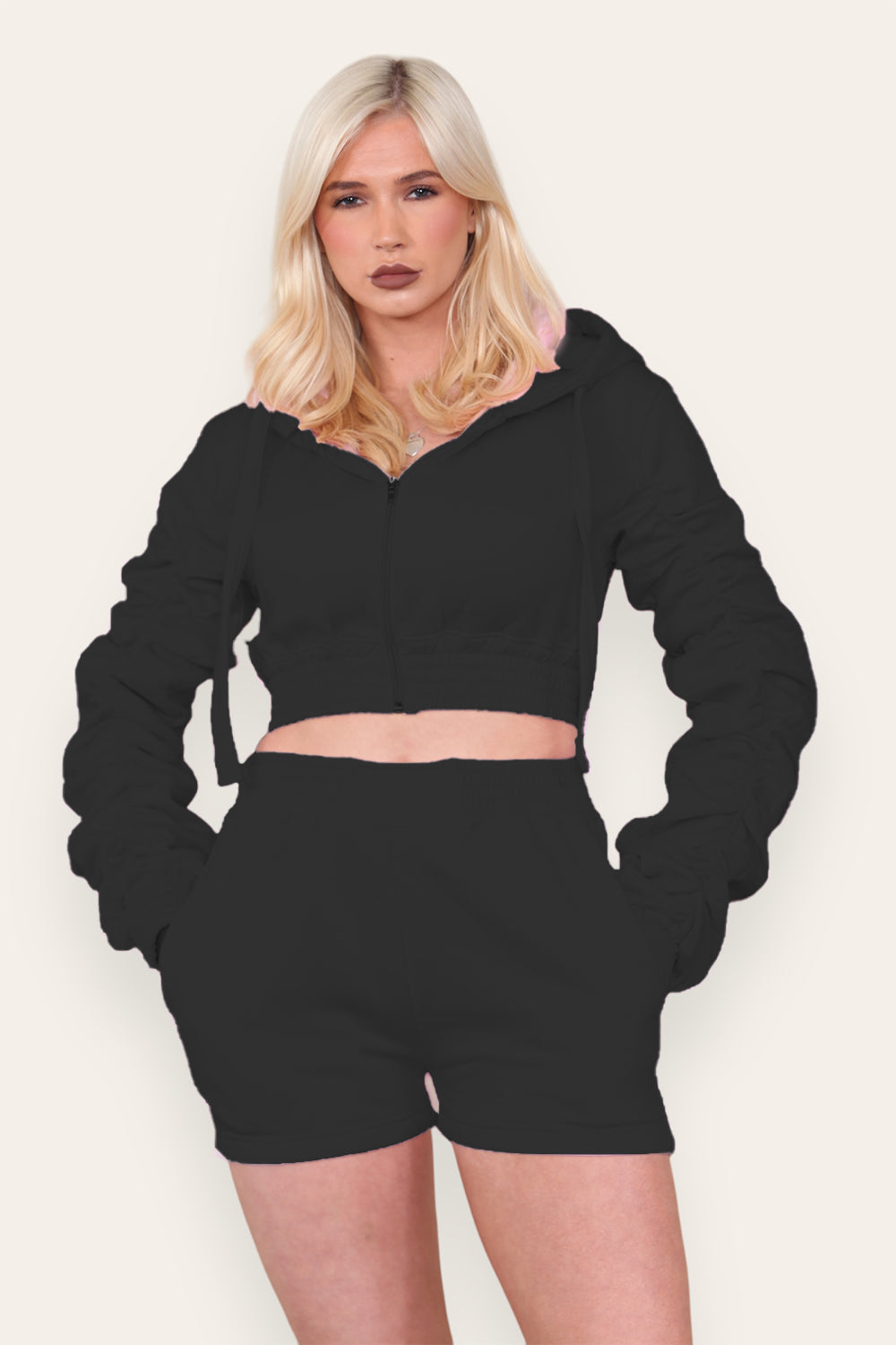 Ruched Sleeves Cropped Zip Up Front Elasticated Hem Hooded & Shorts Fleece Co-Ord Set - AX Labels