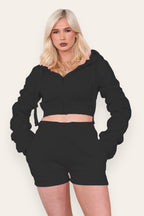 Ruched Sleeves Cropped Zip Up Front Elasticated Hem Hooded & Shorts Fleece Co-Ord Set - AX Labels