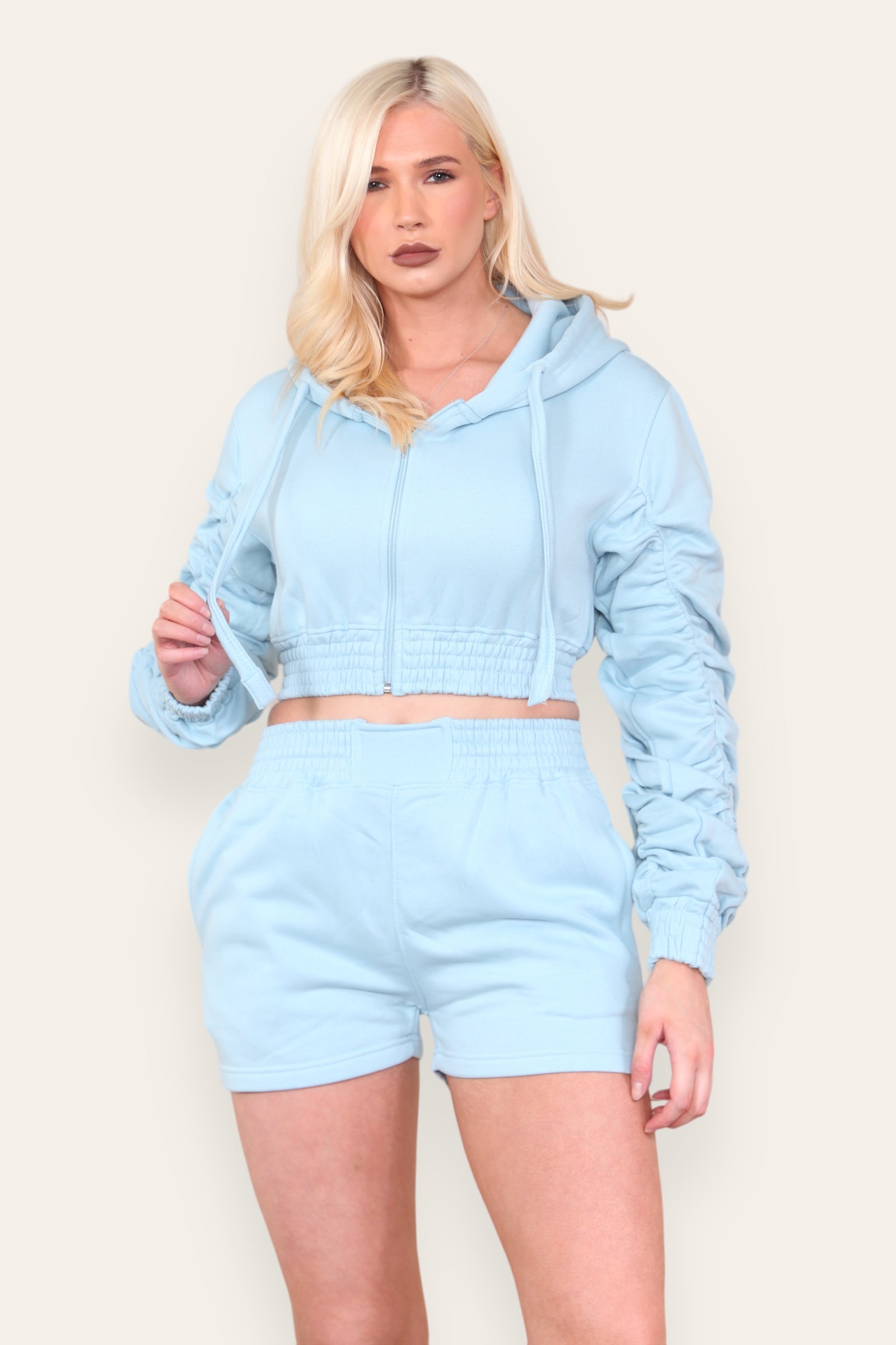 Ruched Sleeves Cropped Zip Up Front Elasticated Hem Hooded & Shorts Fleece Co-Ord Set - AX Labels