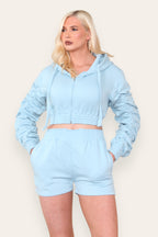 Ruched Sleeves Cropped Zip Up Front Elasticated Hem Hooded & Shorts Fleece Co-Ord Set - AX Labels