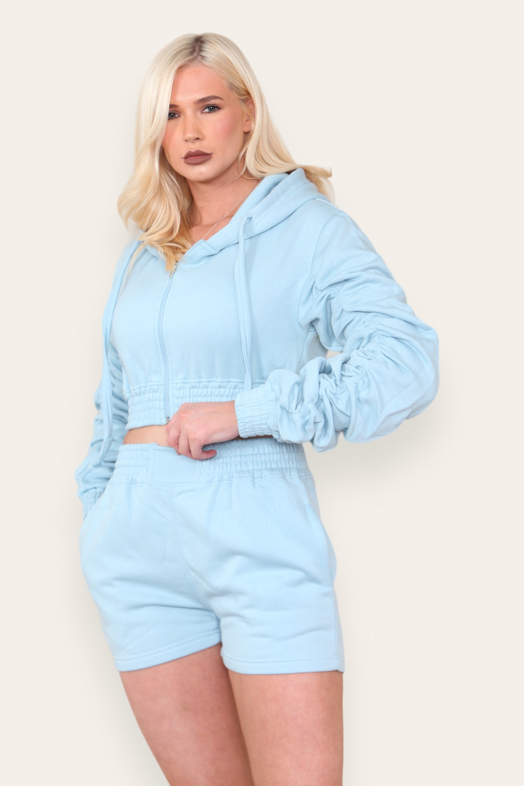 Ruched Sleeves Cropped Zip Up Front Elasticated Hem Hooded & Shorts Fleece Co-Ord Set - AX Labels