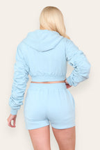Ruched Sleeves Cropped Zip Up Front Elasticated Hem Hooded & Shorts Fleece Co-Ord Set - AX Labels