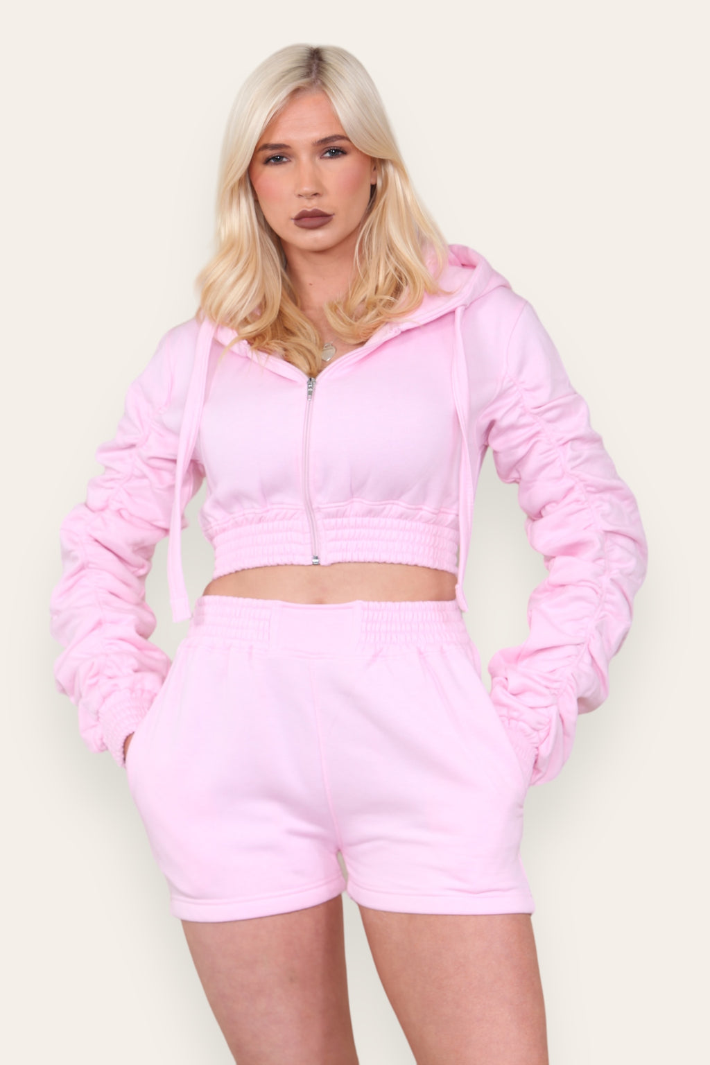 Ruched Sleeves Cropped Zip Up Front Elasticated Hem Hooded & Shorts Fleece Co-Ord Set - AX Labels