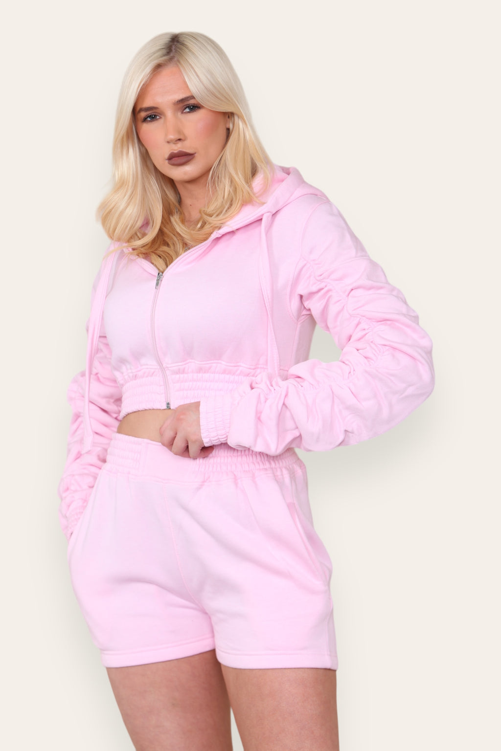 Ruched Sleeves Cropped Zip Up Front Elasticated Hem Hooded & Shorts Fleece Co-Ord Set - AX Labels
