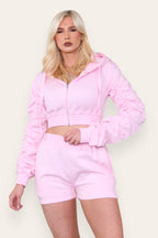 Ruched Sleeves Cropped Zip Up Front Elasticated Hem Hooded & Shorts Fleece Co-Ord Set - AX Labels