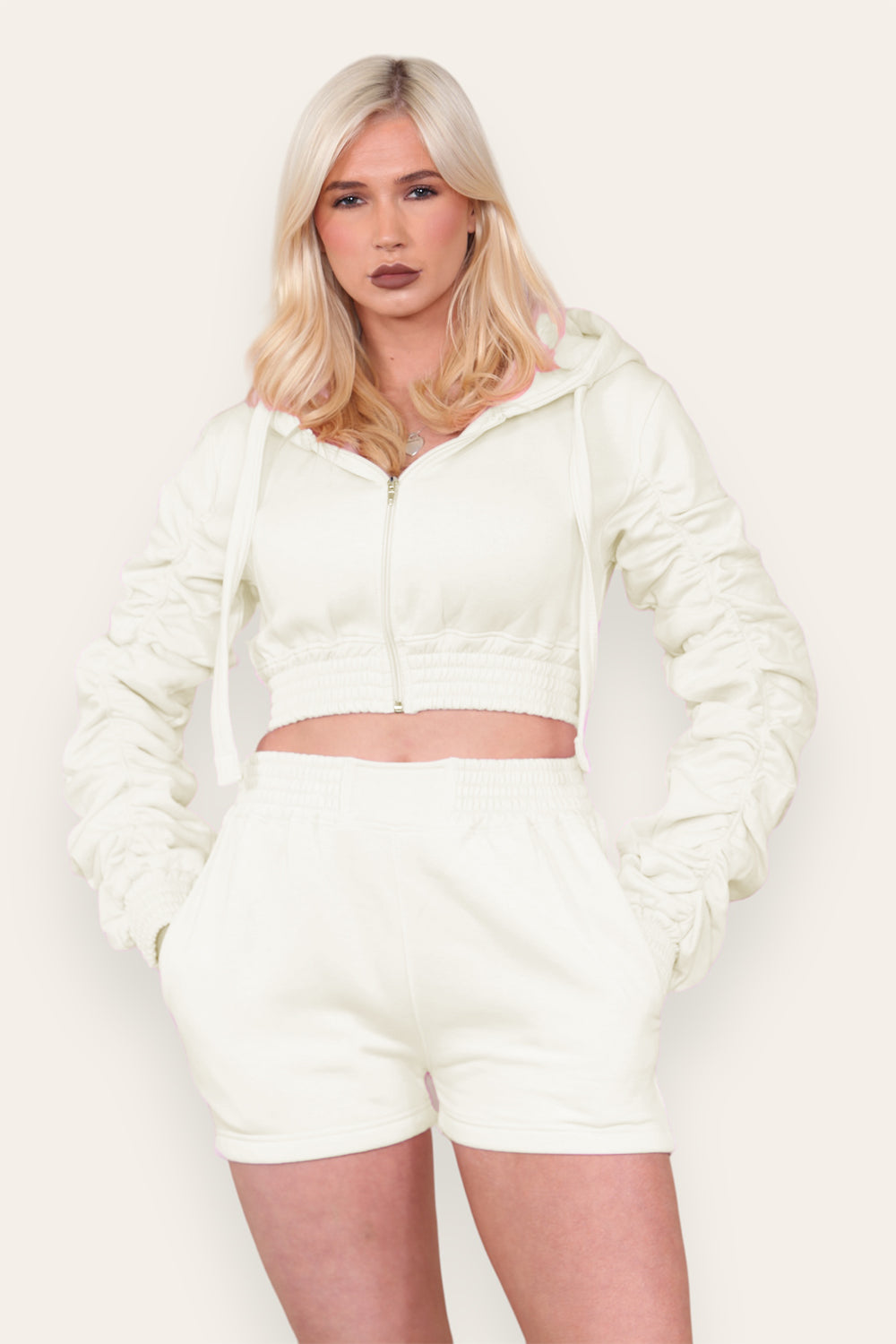Ruched Sleeves Cropped Zip Up Front Elasticated Hem Hooded & Shorts Fleece Co-Ord Set - AX Labels