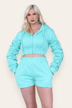 Ruched Sleeves Cropped Zip Up Front Elasticated Hem Hooded & Shorts Fleece Co-Ord Set - AX Labels