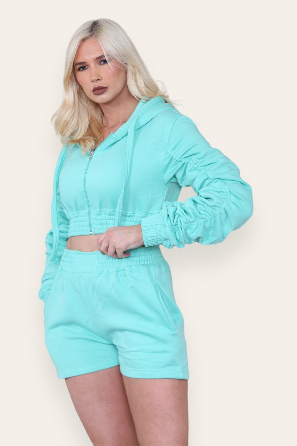 Ruched Sleeves Cropped Zip Up Front Elasticated Hem Hooded & Shorts Fleece Co-Ord Set - AX Labels