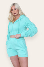 Ruched Sleeves Cropped Zip Up Front Elasticated Hem Hooded & Shorts Fleece Co-Ord Set - AX Labels