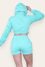 Ruched Sleeves Cropped Zip Up Front Elasticated Hem Hooded & Shorts Fleece Co-Ord Set - AX Labels