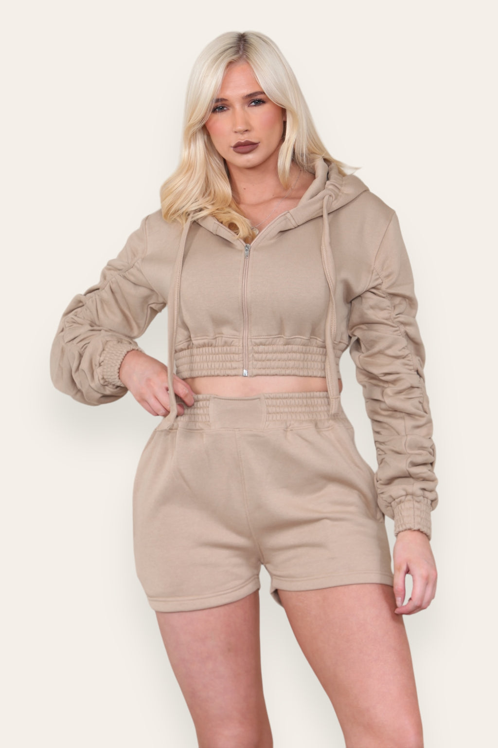 Ruched Sleeves Cropped Zip Up Front Elasticated Hem Hooded & Shorts Fleece Co-Ord Set - AX Labels