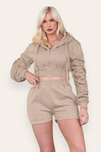 Ruched Sleeves Cropped Zip Up Front Elasticated Hem Hooded & Shorts Fleece Co-Ord Set - AX Labels
