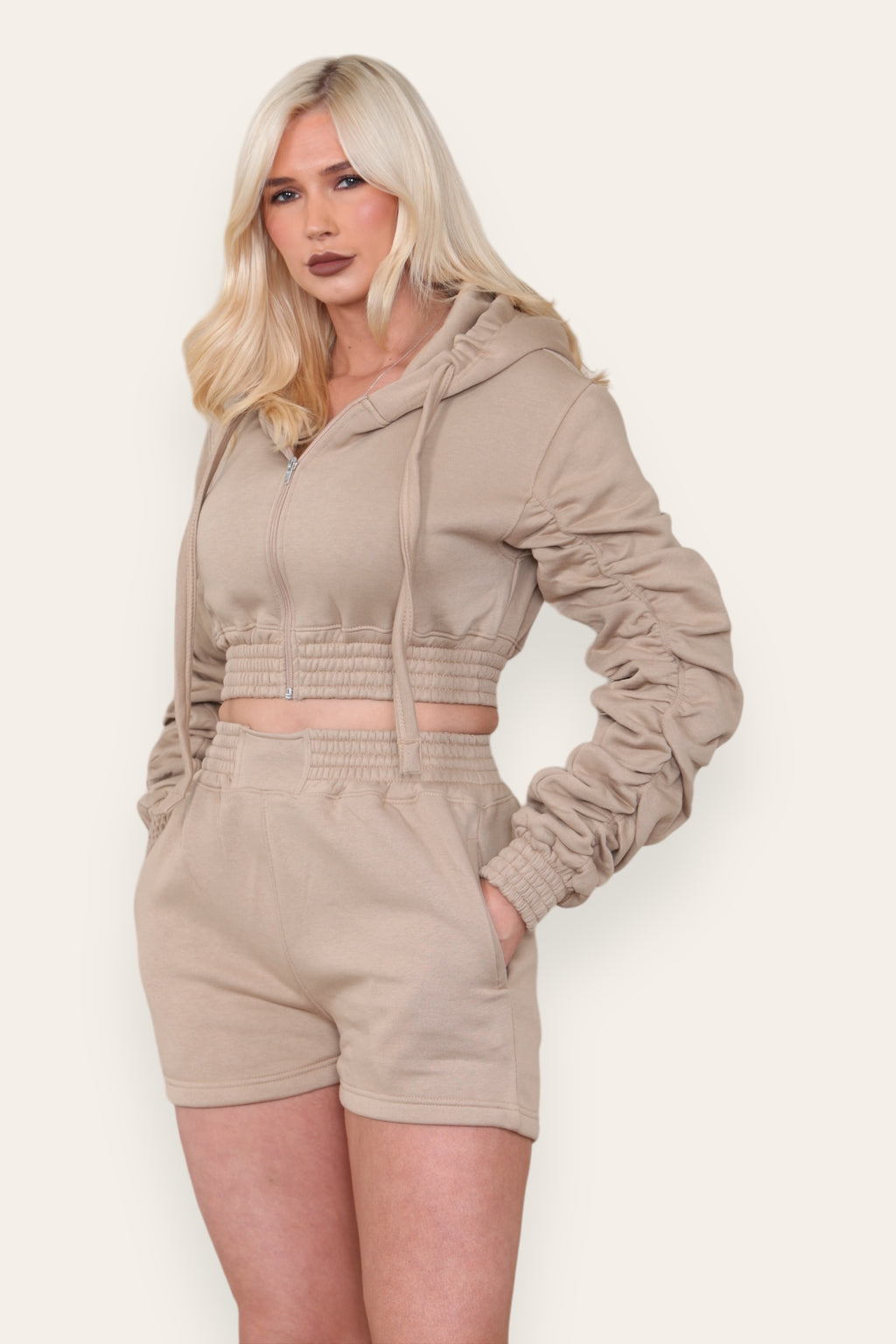 Ruched Sleeves Cropped Zip Up Front Elasticated Hem Hooded & Shorts Fleece Co-Ord Set - AX Labels