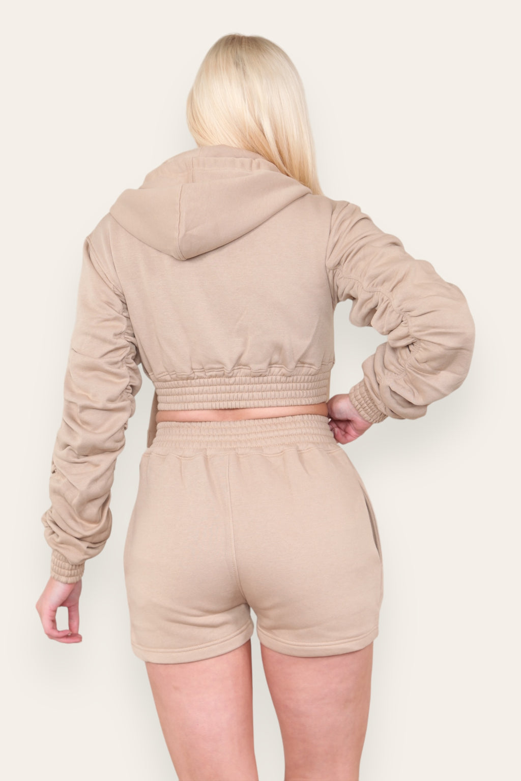 Ruched Sleeves Cropped Zip Up Front Elasticated Hem Hooded & Shorts Fleece Co-Ord Set - AX Labels